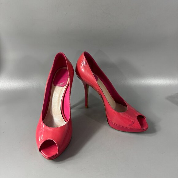Dior Miss Dior Pink Coral Patent Leather Peep Toe Stiletto Heels Pumps size 38.5 - Picture 1 of 13